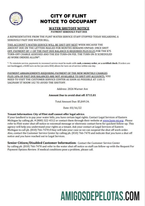 em branco Aviso da cidade de Flint, Michigan, nos EUA, para aviso de desligamento da conta de serviços públicos de água dos ocupantes, modelo Word e PDF
